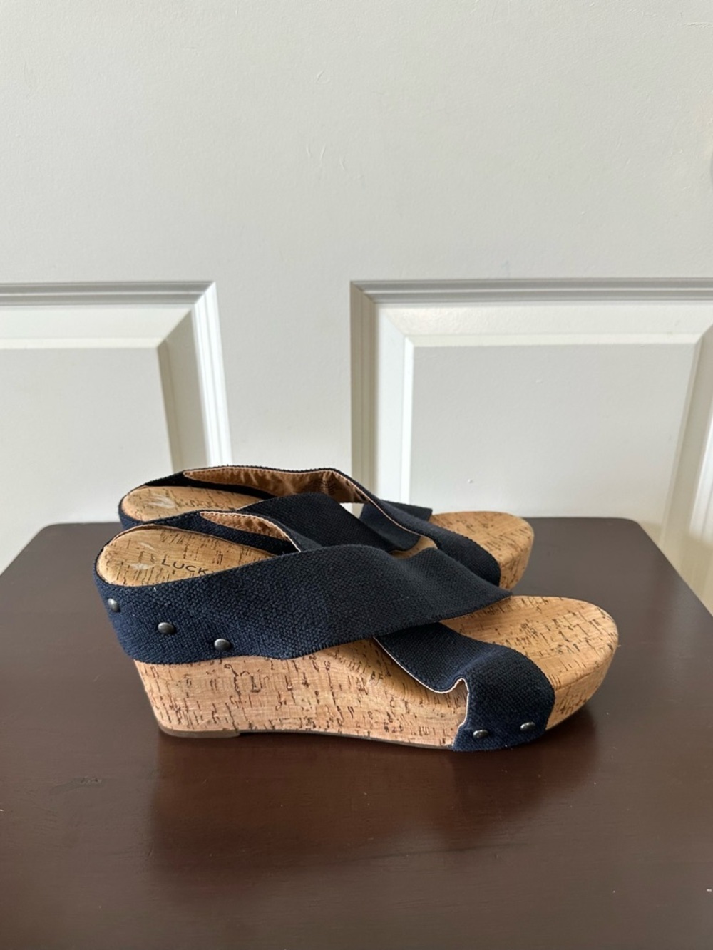 Lucky Brand Mykayla Womens Slip On Shoes Black Straps Cork Wedge Platform 9.5